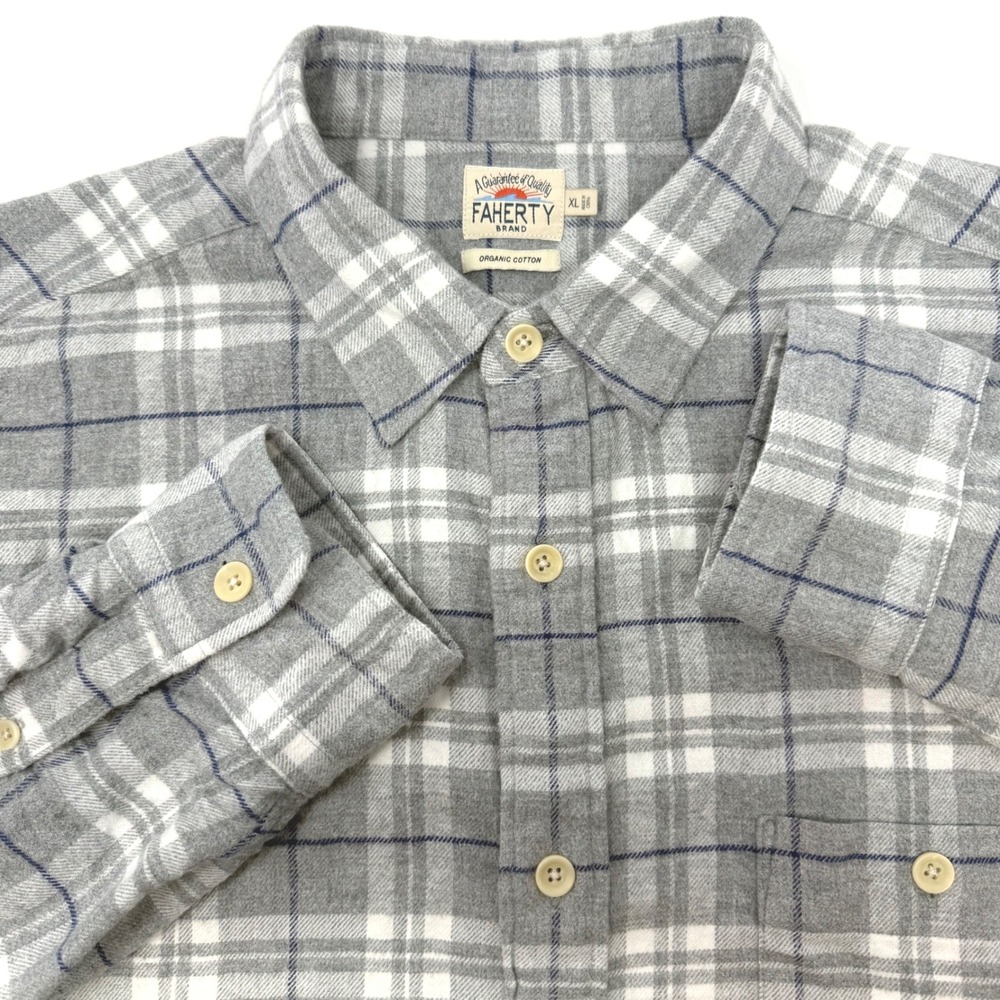 Faherty Brand Mens XL Organic Cotton Flannel Plaid Shirt Grey White Blue Stretch